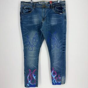 Black‎ Pike Mens Size 38x32 Panted Graffiti Flames Tapered Skinny Jeans
